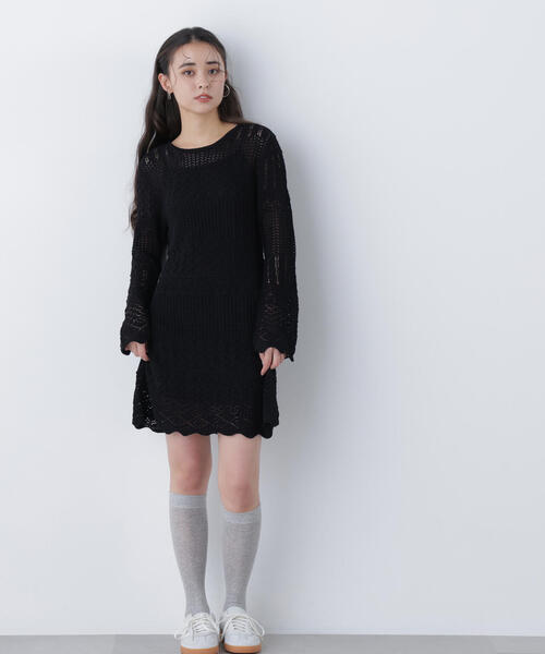 N.（N. Natural Beauty Basic）（エヌエヌナチュラルビューティーベーシック）の「透かし編みニットミニワンピース（ワンピース・レディース・ブラック/ブラウン/オフホワイト・ﾌﾘ-）」の8枚目の写真
