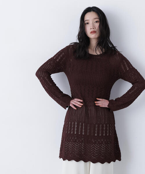 N.（N. Natural Beauty Basic）（エヌエヌナチュラルビューティーベーシック）の「透かし編みニットミニワンピース（ワンピース・レディース・ブラック/ブラウン/オフホワイト・ﾌﾘ-）」の3枚目の写真