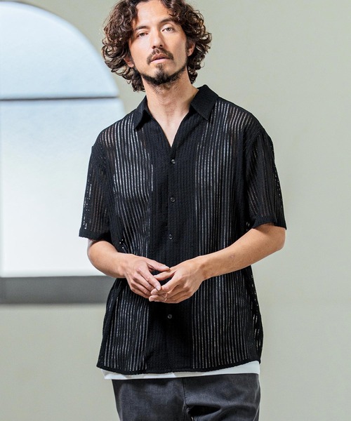 Magine（マージン）の「mhs2547- Sheer Fabric Skipper Neck Short Sleeve Shirt ショートスリーブシャツ(MGN-261-023)（シャツ/ブラウス・メンズ・ホワイト/チャコール/ブラック・44/48/46）」の4枚目の写真