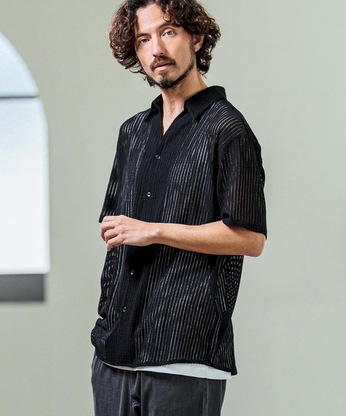 Magine（マージン）の「mhs2547- Sheer Fabric Skipper Neck Short Sleeve Shirt ショートスリーブシャツ(MGN-261-023)（シャツ/ブラウス・メンズ・ホワイト/チャコール/ブラック・44/48/46）」の5枚目の写真