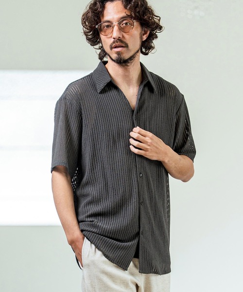 Magine（マージン）の「mhs2547- Sheer Fabric Skipper Neck Short Sleeve Shirt ショートスリーブシャツ(MGN-261-023)（シャツ/ブラウス・メンズ・ホワイト/チャコール/ブラック・44/48/46）」の10枚目の写真