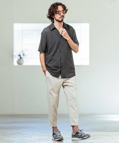 Magine（マージン）の「mhs2547- Sheer Fabric Skipper Neck Short Sleeve Shirt ショートスリーブシャツ(MGN-261-023)（シャツ/ブラウス・メンズ・ホワイト/チャコール/ブラック・44/48/46）」の13枚目の写真