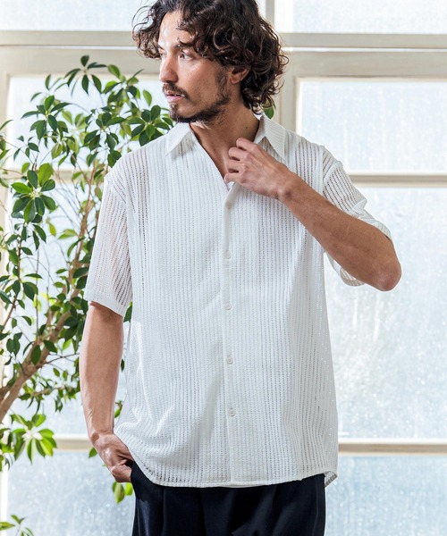 Magine（マージン）の「mhs2547- Sheer Fabric Skipper Neck Short Sleeve Shirt ショートスリーブシャツ(MGN-261-023)（シャツ/ブラウス・メンズ・ホワイト/チャコール/ブラック・44/48/46）」の14枚目の写真