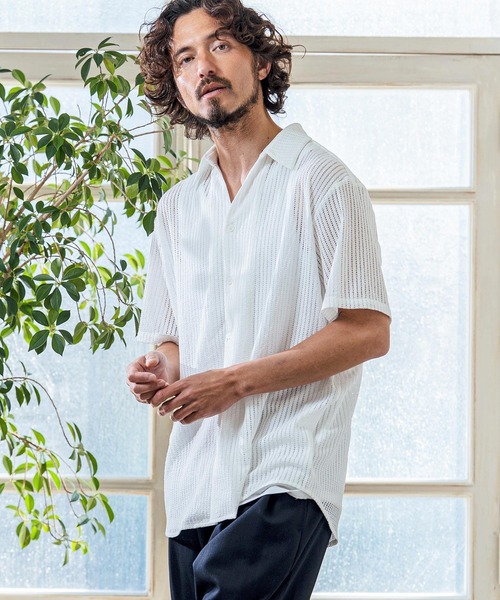 Magine（マージン）の「mhs2547- Sheer Fabric Skipper Neck Short Sleeve Shirt ショートスリーブシャツ(MGN-261-023)（シャツ/ブラウス・メンズ・ホワイト/チャコール/ブラック・44/48/46）」の15枚目の写真