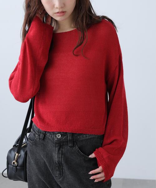 FREE'S MART(フリーズマート)の「◆透かしあみ天竺短丈ニット(ニット/セーター・レディース・レッド/ホワイト/ブラック/ネイビー/ベージュ・FREE)」の5枚目の写真