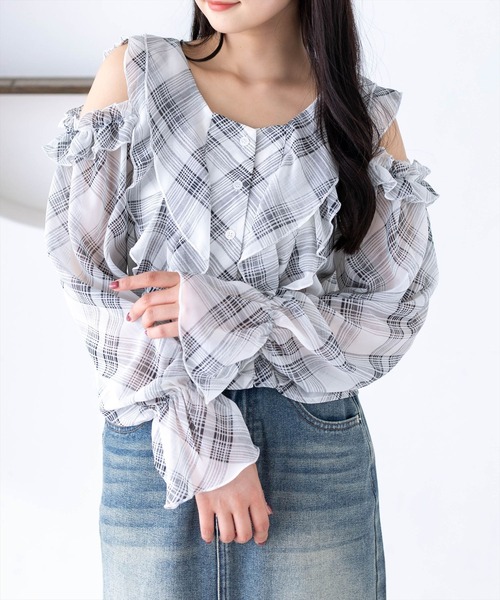 clear(クリア)の「チェックオープンショルダーブラウス(シャツ/ブラウス・レディース・ブラック/オフホワイト・F)」の1枚目の写真