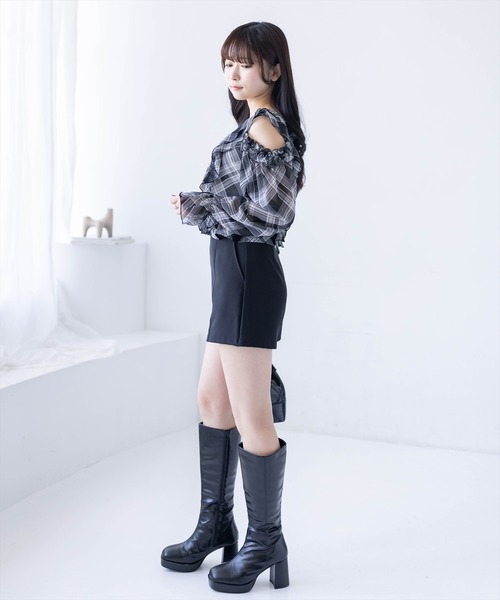 clear(クリア)の「チェックオープンショルダーブラウス(シャツ/ブラウス・レディース・ブラック/オフホワイト・F)」の3枚目の写真