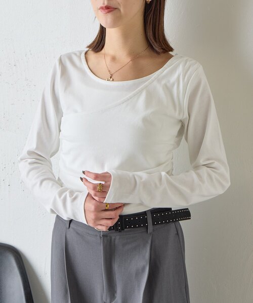 goocy(グーシー)の「【一枚で決まる!】ワンショルレヤード風トップス(Tシャツ/カットソー・レディース・ブラック/チャコールグレー/ホワイト・FREE)」の7枚目の写真