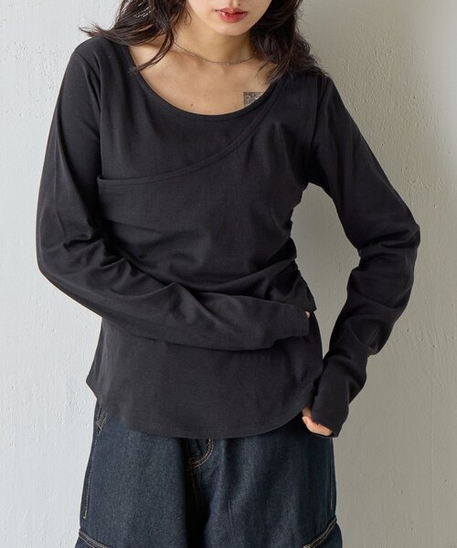 goocy(グーシー)の「【一枚で決まる!】ワンショルレヤード風トップス(Tシャツ/カットソー・レディース・ブラック/チャコールグレー/ホワイト・FREE)」の22枚目の写真