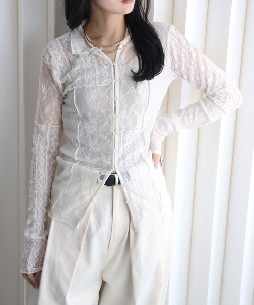 YENNA（イェンナ）の「パッチワークレース シアーフィットシャツカーディガン/襟付きカーディガン（カーディガン/ボレロ・レディース・ブラック/アイボリー・FREE）」の9枚目の写真