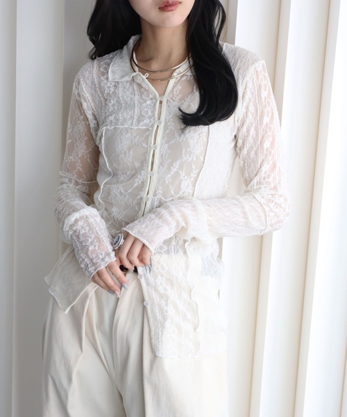 YENNA（イェンナ）の「パッチワークレース シアーフィットシャツカーディガン/襟付きカーディガン（カーディガン/ボレロ・レディース・ブラック/アイボリー・FREE）」の10枚目の写真