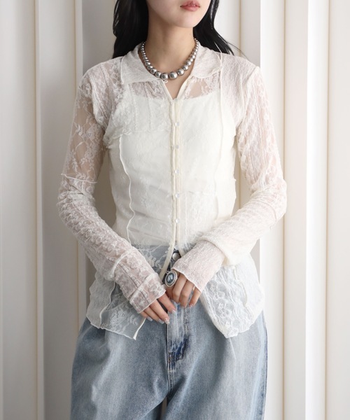 YENNA（イェンナ）の「パッチワークレース シアーフィットシャツカーディガン/襟付きカーディガン（カーディガン/ボレロ・レディース・ブラック/アイボリー・FREE）」の3枚目の写真