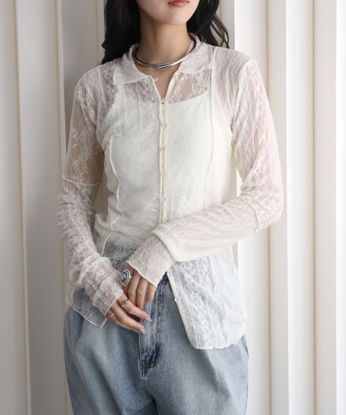 YENNA（イェンナ）の「パッチワークレース シアーフィットシャツカーディガン/襟付きカーディガン（カーディガン/ボレロ・レディース・ブラック/アイボリー・FREE）」の4枚目の写真