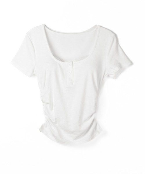 me+em select（ミームセレクト）の「【 ３color 】ヘンリーネックスクエアギャザー半袖Ｔシャツ ／henley neck square gather short sleeve T-Shirt（Tシャツ/カットソー・レディース・ブラック/グレー/ホワイト・FREE）」の9枚目の写真