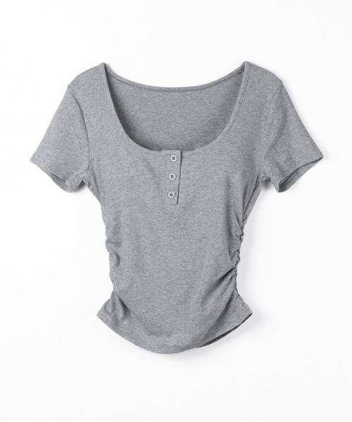 me+em select（ミームセレクト）の「【 ３color 】ヘンリーネックスクエアギャザー半袖Ｔシャツ ／henley neck square gather short sleeve T-Shirt（Tシャツ/カットソー・レディース・ブラック/グレー/ホワイト・FREE）」の8枚目の写真