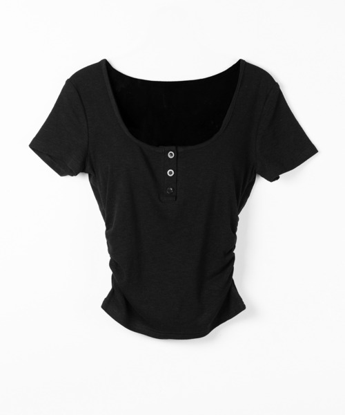 me+em select（ミームセレクト）の「【 ３color 】ヘンリーネックスクエアギャザー半袖Ｔシャツ ／henley neck square gather short sleeve T-Shirt（Tシャツ/カットソー・レディース・ブラック/グレー/ホワイト・FREE）」の7枚目の写真