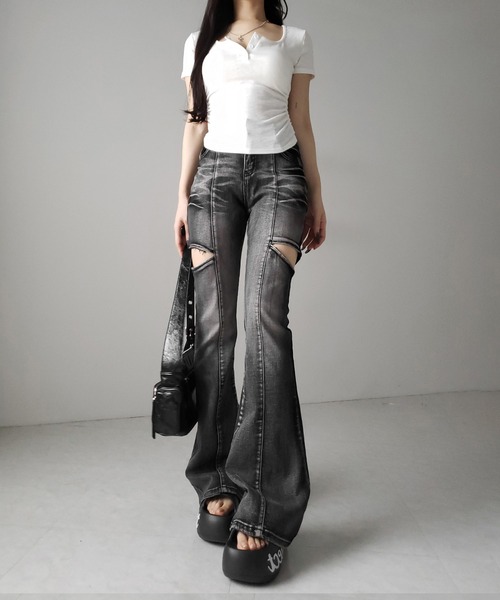 me+em select（ミームセレクト）の「【 ３color 】ヘンリーネックスクエアギャザー半袖Ｔシャツ ／henley neck square gather short sleeve T-Shirt（Tシャツ/カットソー・レディース・ブラック/グレー/ホワイト・FREE）」の10枚目の写真