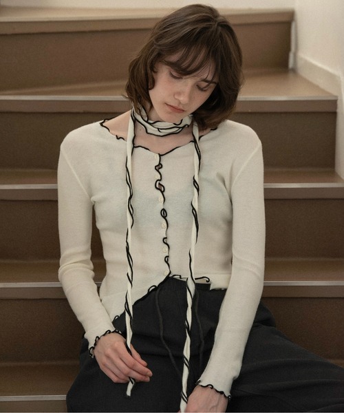 lawgy(ラウジー)の「bi color mellow tie cardigan / バイカラーメロウタイカーディガン(カーディガン/ボレロ・レディース・アイボリー/グレー・FREE)」の1枚目の写真
