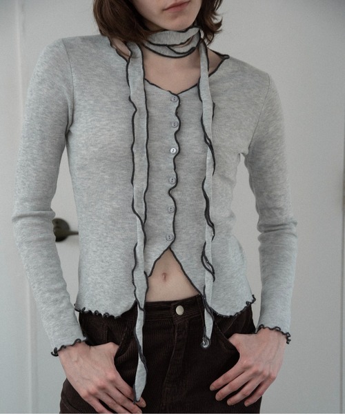 lawgy(ラウジー)の「bi color mellow tie cardigan / バイカラーメロウタイカーディガン(カーディガン/ボレロ・レディース・アイボリー/グレー・FREE)」の11枚目の写真
