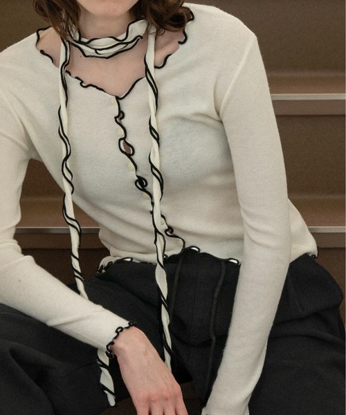 lawgy(ラウジー)の「bi color mellow tie cardigan / バイカラーメロウタイカーディガン(カーディガン/ボレロ・レディース・アイボリー/グレー・FREE)」の5枚目の写真