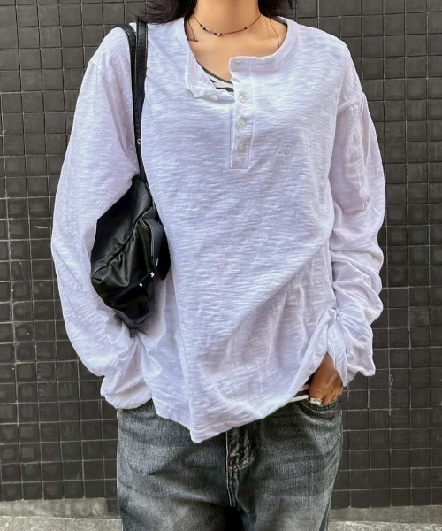 Chikashitsu +】sheer cotton henley neck long sleeve