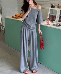オフショルダー 半袖トップス ワイドパンツ セットアップ