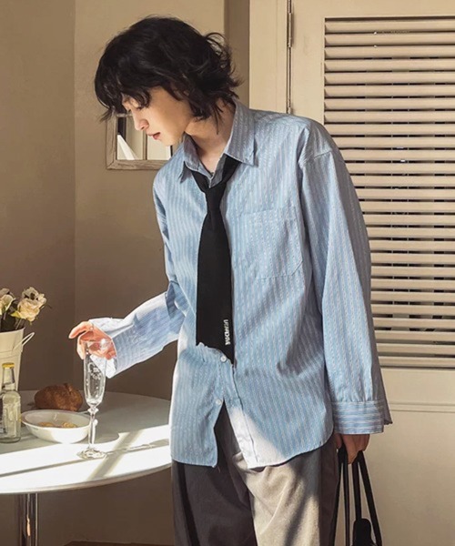 NOWLE（ノウル）の「【NOWLE】ボタンダウン ストライプ リラックスフィット カジュアルシャツ（シャツ/ブラウス・メンズ・ライトブルー・MEDIUM/LARGE）」の9枚目の写真