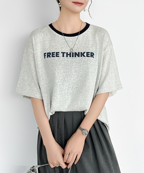 COCOMOMO（ココモモ）の「リンガーロゴTシャツ ロゴ Tシャツ 配色 リンガー ロゴTシャツ 半袖 オーバーサイズ トップス 半袖Tシャツ ロゴT リンガーT 春服 夏服（Tシャツ/カットソー・レディース・ネイビー/グレー/ホワイト・FREE）」の3枚目の写真
