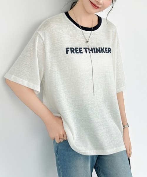 COCOMOMO（ココモモ）の「リンガーロゴTシャツ ロゴ Tシャツ 配色 リンガー ロゴTシャツ 半袖 オーバーサイズ トップス 半袖Tシャツ ロゴT リンガーT 春服 夏服（Tシャツ/カットソー・レディース・ネイビー/グレー/ホワイト・FREE）」の2枚目の写真