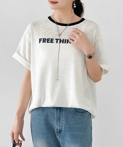 COCOMOMO（ココモモ）の「リンガーロゴTシャツ ロゴ Tシャツ 配色 リンガー ロゴTシャツ 半袖 オーバーサイズ トップス 半袖Tシャツ ロゴT リンガーT 春服 夏服（Tシャツ/カットソー・レディース・ネイビー/グレー/ホワイト・FREE）」の16枚目の写真
