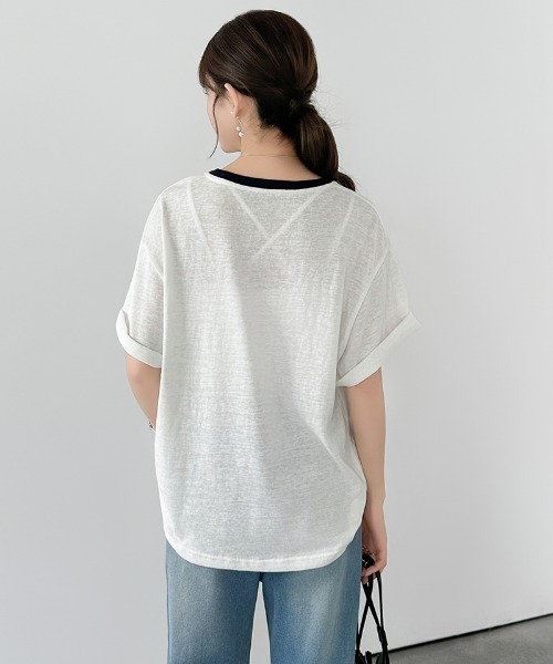 COCOMOMO（ココモモ）の「リンガーロゴTシャツ ロゴ Tシャツ 配色 リンガー ロゴTシャツ 半袖 オーバーサイズ トップス 半袖Tシャツ ロゴT リンガーT 春服 夏服（Tシャツ/カットソー・レディース・ネイビー/グレー/ホワイト・FREE）」の19枚目の写真