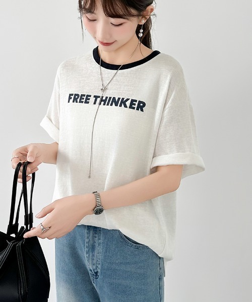 COCOMOMO（ココモモ）の「リンガーロゴTシャツ ロゴ Tシャツ 配色 リンガー ロゴTシャツ 半袖 オーバーサイズ トップス 半袖Tシャツ ロゴT リンガーT 春服 夏服（Tシャツ/カットソー・レディース・ネイビー/グレー/ホワイト・FREE）」の18枚目の写真