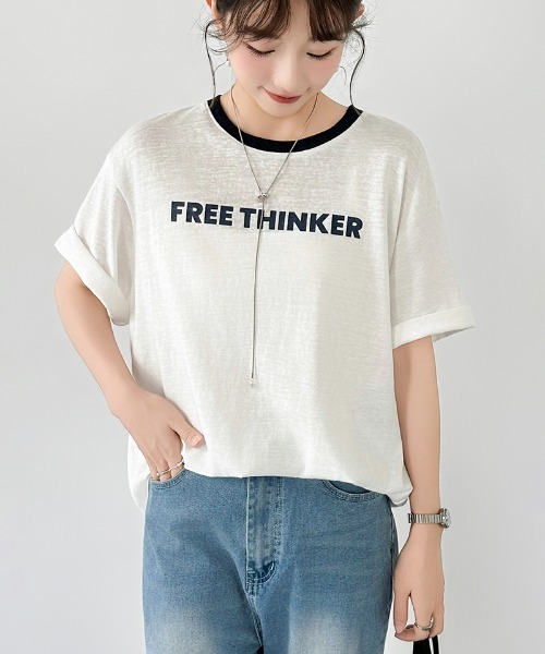 COCOMOMO（ココモモ）の「リンガーロゴTシャツ ロゴ Tシャツ 配色 リンガー ロゴTシャツ 半袖 オーバーサイズ トップス 半袖Tシャツ ロゴT リンガーT 春服 夏服（Tシャツ/カットソー・レディース・ネイビー/グレー/ホワイト・FREE）」の17枚目の写真