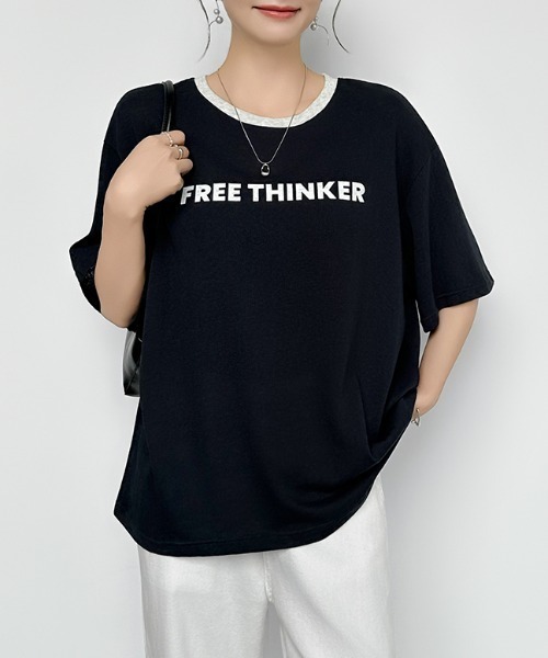 COCOMOMO（ココモモ）の「リンガーロゴTシャツ ロゴ Tシャツ 配色 リンガー ロゴTシャツ 半袖 オーバーサイズ トップス 半袖Tシャツ ロゴT リンガーT 春服 夏服（Tシャツ/カットソー・レディース・ネイビー/グレー/ホワイト・FREE）」の12枚目の写真