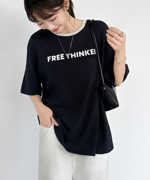 COCOMOMO（ココモモ）の「リンガーロゴTシャツ ロゴ Tシャツ 配色 リンガー ロゴTシャツ 半袖 オーバーサイズ トップス 半袖Tシャツ ロゴT リンガーT 春服 夏服（Tシャツ/カットソー・レディース・ネイビー/グレー/ホワイト・FREE）」の14枚目の写真