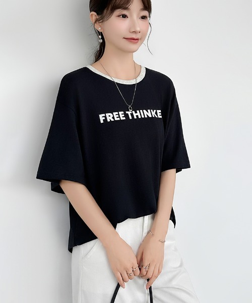 COCOMOMO（ココモモ）の「リンガーロゴTシャツ ロゴ Tシャツ 配色 リンガー ロゴTシャツ 半袖 オーバーサイズ トップス 半袖Tシャツ ロゴT リンガーT 春服 夏服（Tシャツ/カットソー・レディース・ネイビー/グレー/ホワイト・FREE）」の13枚目の写真