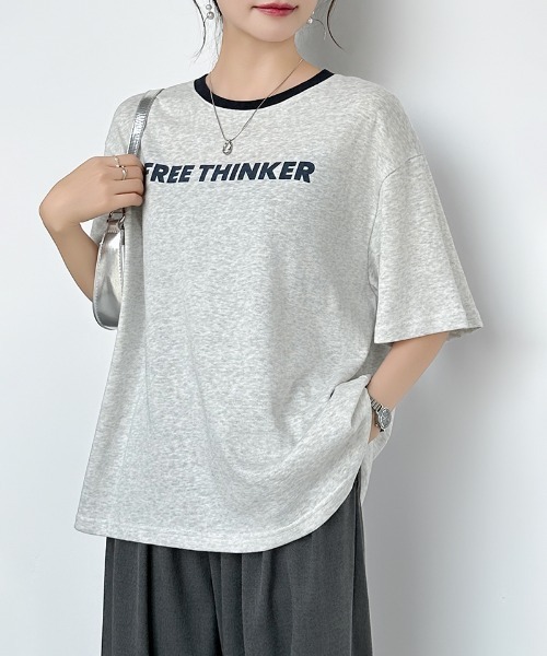 COCOMOMO（ココモモ）の「リンガーロゴTシャツ ロゴ Tシャツ 配色 リンガー ロゴTシャツ 半袖 オーバーサイズ トップス 半袖Tシャツ ロゴT リンガーT 春服 夏服（Tシャツ/カットソー・レディース・ネイビー/グレー/ホワイト・FREE）」の4枚目の写真