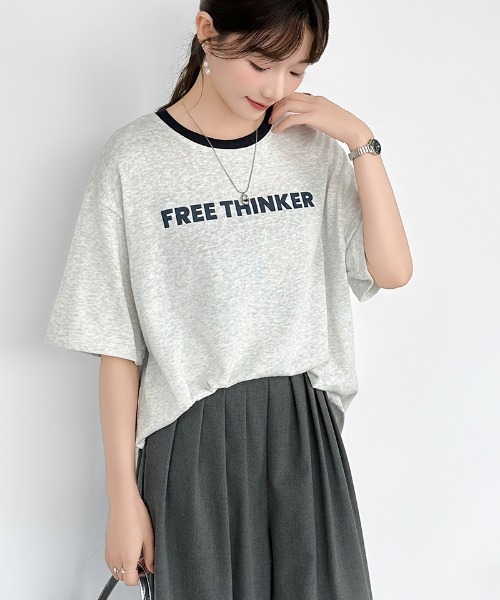 COCOMOMO（ココモモ）の「リンガーロゴTシャツ ロゴ Tシャツ 配色 リンガー ロゴTシャツ 半袖 オーバーサイズ トップス 半袖Tシャツ ロゴT リンガーT 春服 夏服（Tシャツ/カットソー・レディース・ネイビー/グレー/ホワイト・FREE）」の20枚目の写真