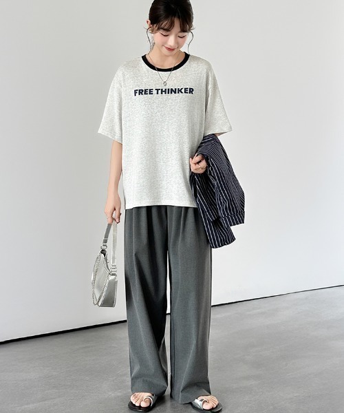 COCOMOMO（ココモモ）の「リンガーロゴTシャツ ロゴ Tシャツ 配色 リンガー ロゴTシャツ 半袖 オーバーサイズ トップス 半袖Tシャツ ロゴT リンガーT 春服 夏服（Tシャツ/カットソー・レディース・ネイビー/グレー/ホワイト・FREE）」の5枚目の写真
