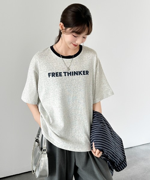 COCOMOMO（ココモモ）の「リンガーロゴTシャツ ロゴ Tシャツ 配色 リンガー ロゴTシャツ 半袖 オーバーサイズ トップス 半袖Tシャツ ロゴT リンガーT 春服 夏服（Tシャツ/カットソー・レディース・ネイビー/グレー/ホワイト・FREE）」の21枚目の写真