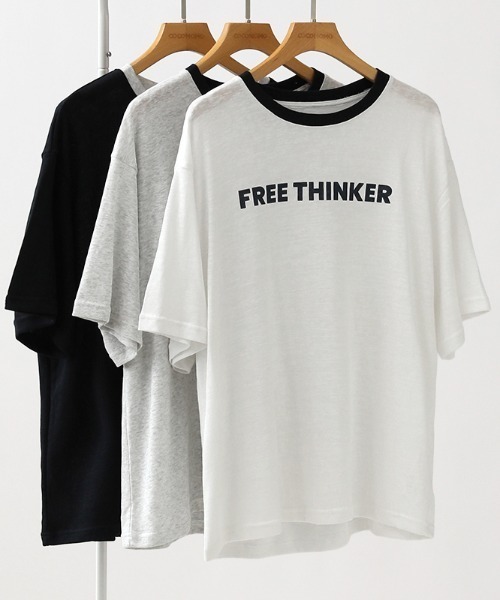 COCOMOMO（ココモモ）の「リンガーロゴTシャツ ロゴ Tシャツ 配色 リンガー ロゴTシャツ 半袖 オーバーサイズ トップス 半袖Tシャツ ロゴT リンガーT 春服 夏服（Tシャツ/カットソー・レディース・ネイビー/グレー/ホワイト・FREE）」の6枚目の写真