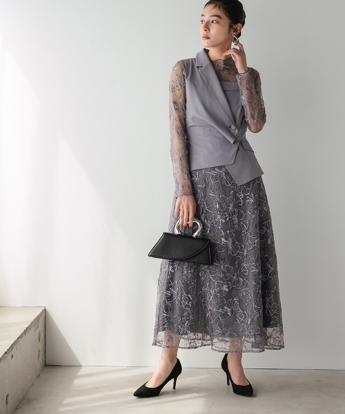 Callarus(カラルス)の「【オケージョン対応】アシメジャケットドッキングデザインチュール刺繍ワンピースドレス〔Callarus〕(ドレス・レディース・グレー/ベージュ・L/M/S/LL)」の13枚目の写真