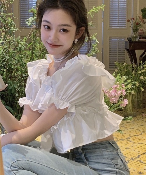 Ritzy(リッツィー)の「ショート丈・オフショルダーブラウス(シャツ/ブラウス・レディース・ホワイト/ブラック・MEDIUM/LARGE)」の4枚目の写真