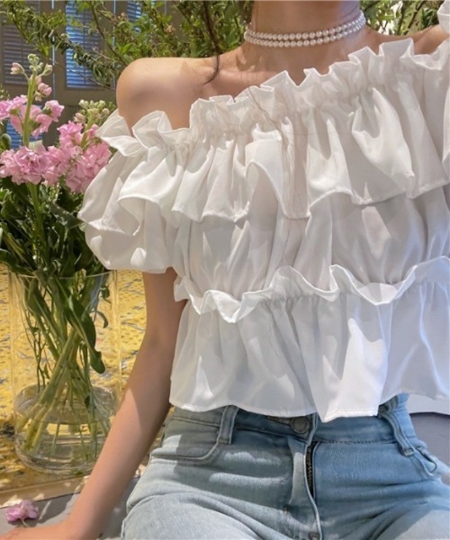 Ritzy(リッツィー)の「ショート丈・オフショルダーブラウス(シャツ/ブラウス・レディース・ホワイト/ブラック・MEDIUM/LARGE)」の3枚目の写真