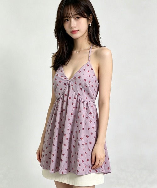 gossip!ロサンゼルス(ゴシップロサンゼルス)の「きゅんとする淡パープル小花柄!ハルタイ紐結びVネックキャミトップス(キャミソール・レディース・ラベンダー・S/M)」の6枚目の写真