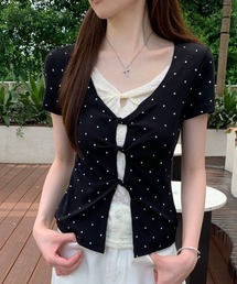 フェイクレイヤード ドット柄 フロントツイスト スリム 半袖Tシャツ