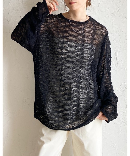 She's Closet(シーズクローゼット)の「オーバーサイズ透かし編み長袖メッシュニットプルオーバー(ニット/セーター・レディース・ベージュ/ブラック/アイボリー・FREE)」の6枚目の写真