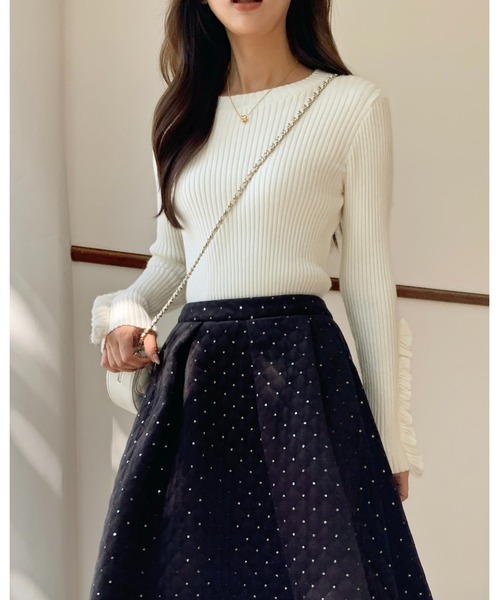 BIRTHDAY BASH(バースデイバッシュ)の「FRILL SLEEVE KNIT(フリルスリーブニットトップス)(ニット/セーター・レディース・ホワイト/ブラック・SMALL/MEDIUM)」の7枚目の写真