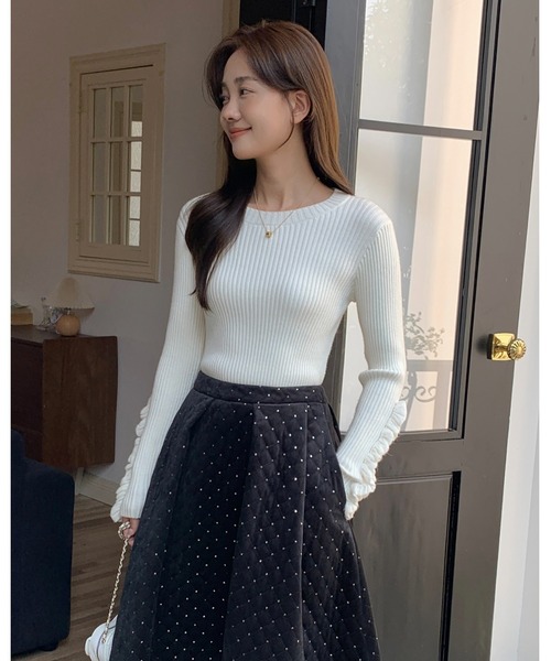 BIRTHDAY BASH(バースデイバッシュ)の「FRILL SLEEVE KNIT(フリルスリーブニットトップス)(ニット/セーター・レディース・ホワイト/ブラック・SMALL/MEDIUM)」の3枚目の写真