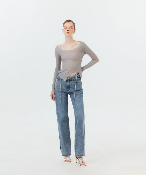 FORTYFOUR（フォーティフォー）の「[W] アシンメトリースリットストレートデニム（デニムパンツ・レディース・ライトブルー/ダークブルー/ブラック×ブルー・SMALL/MEDIUM/LARGE）」の5枚目の写真